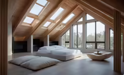 attic bedroom with light wood flooring and ceiling