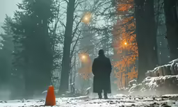 a man stands in the middle of a forest during winter