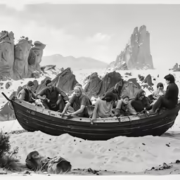a long boat filled with people on the sand