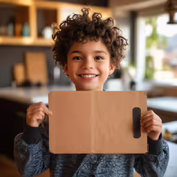 a young child holds a cardboard board with a finger