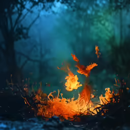 a fire blazing in the woods with lots of burning leaves