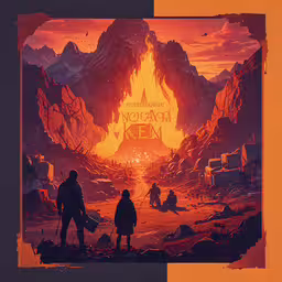 an orange poster has two people walking in front of a large explosion of lava,a painting shows two people walking towards a fire pit