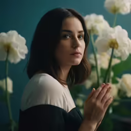 a woman standing with white roses in the background