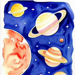 a watercolor and ink painting of space objects,this is an artwork that has different types of planets in it