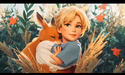 a child hugging a fox in a field of plants