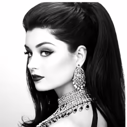 a woman with long hair and long earrings wearing jewels