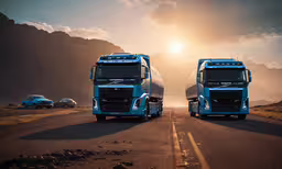 two big rig trucks on a road with mountains in the background,two blue truck trailers traveling down the road