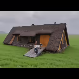 two people stand on a step and look at the grass
