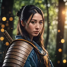 the woman in armor has a sword on her shoulder
