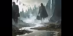 two people in black coats in a swamp