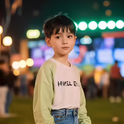 young boy standing up in the middle of a park