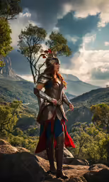 a woman dressed as a female knight standing on top of a rock