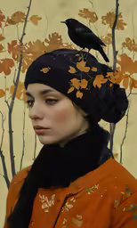 a woman in a hat wearing an orange dress with gold leaves