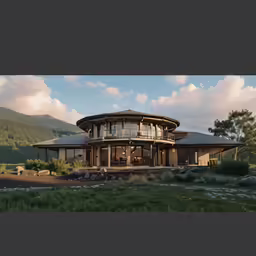 a house with large round windows and an elevated balcony