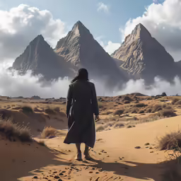 a person wearing a long coat walking on sand towards mountains