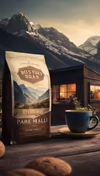 a coffee bag, cup and a plate next to a mountain