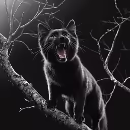 a black cat with its mouth wide open on a tree