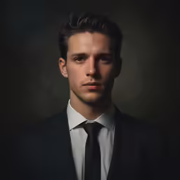 a man in a black suit with dark background