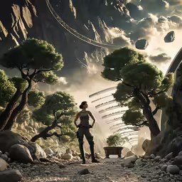 there is a woman standing in the rocks looking at something