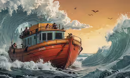 a ship in a body of water with a large wave,a boat in a body of water with large waves
