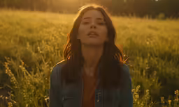 a woman standing in a field with the sun behind her