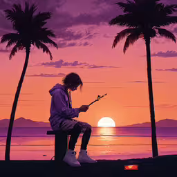 a guy sitting on a bench looking at his phone with palm trees in the background,a person sitting on a bench while using his phone