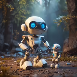 two robots in the woods with their heads turned to the side