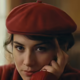 a woman in red sweater and red hat looking at the camera