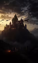 an elaborate castle lit up in the night