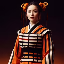 a geisha wearing striped clothing and holding a small flower