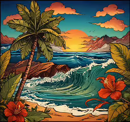 the image is shown as if it was an art print,a tropical scene with a large flowered tree and palm trees