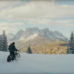 a man on a mountain top bike with snowy mountains behind him