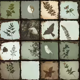 different kinds of flowers, leaves and insects on a glass window