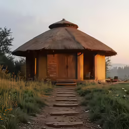 small hut with steps leading to it and grassy field
