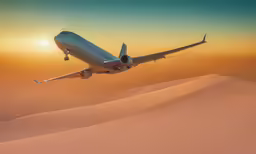 a jet plane flying over the desert at sunset