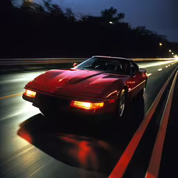 a red car is traveling down the highway,a red sports car driving down a freeway at night