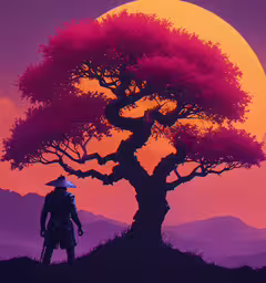a man under a tree watching a beautiful sunset,a person with a hat is standing under a tree