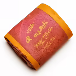 a red and yellow wrapper that is over a white background