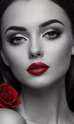 a woman with red lipstick on her face