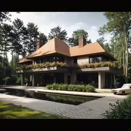 a beautiful house is made of clay and has windows, a stone walkway and a stone walkway