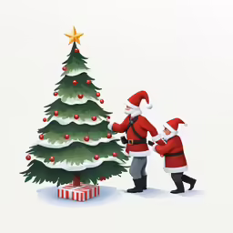 a couple of people that are putting decorations on a christmas tree