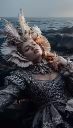 the woman in a dress is laying on a rock near the ocean