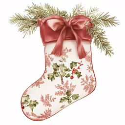 a christmas stockings hanging from a tree with red ribbon