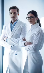 a couple of doctors stand in front of a window