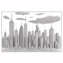 an architectural drawing of new york city skyscrapers and clouds,drawing of city buildings in graph pen on paper