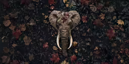 a picture of an elephant in front of a pattern of autumn leaves