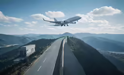 an airplane taking off over the highway with mountains in the background