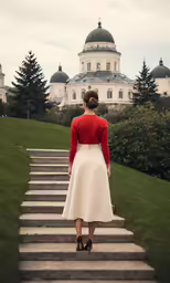 a woman in a red top and white skirt walking down some stairs