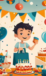 cartoon character holding a cup of coffee in front of a birthday cake