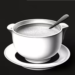 a white bowl and spoon on top of a black surface